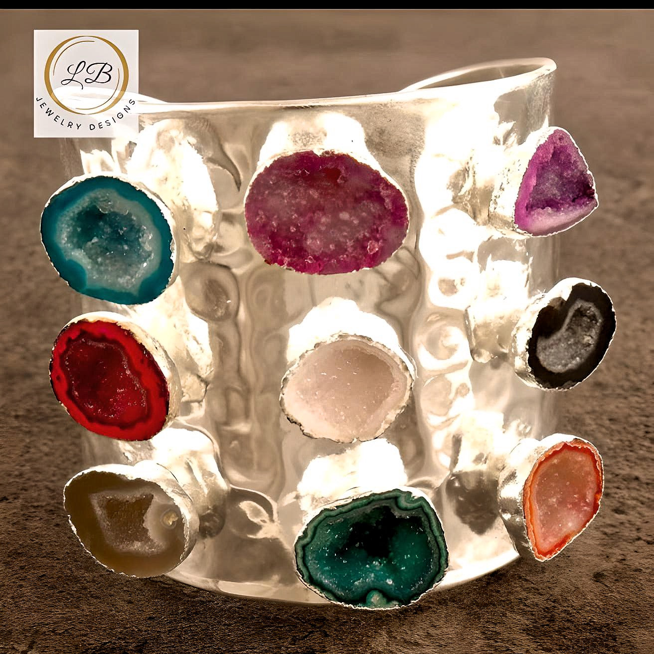 Sterling Silver Multi-Colored Geode Druzy Adjustable Cuff