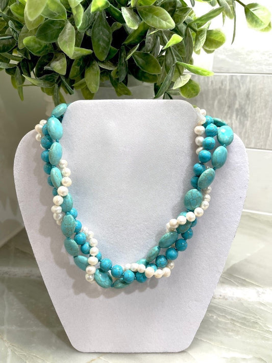 Triple-Strand Turquoise and Pearl Statement Necklace