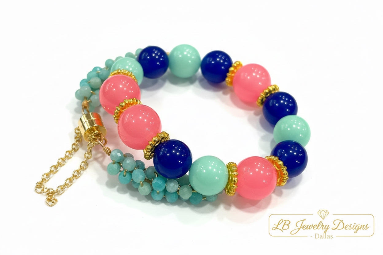 Larimar, Amazonite & Blue Chalcedony Gemstone Jewelry Set – Bracelet Stack & Pyramid Stud Earrings