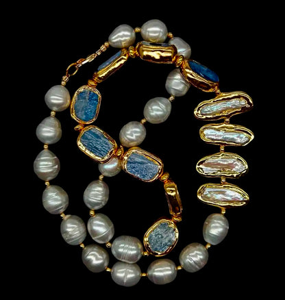 Blue Kyanite and Pearls Gemstone Statenent Necklace 23”