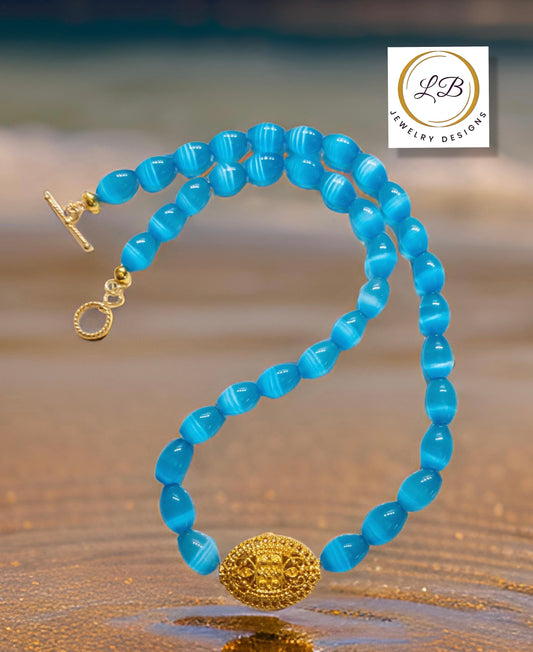 Blue Mexican Fire Opal Gemstone Necklace with Gold Filigree Pendant