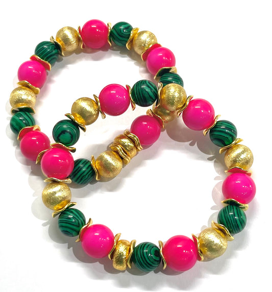 Hot Pink Czech Druks, Malachite Gemstones and Brushed Gold Vermeil Beaded Bracelet
