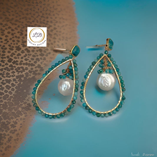 Apatite & Coin Pearl Gemstone Dangle/Hoop Earrings 2”