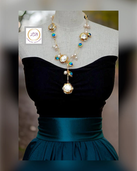 Blue Murano Baubles and Freshwater Pearls Gold Chain Statement Necklace 21”