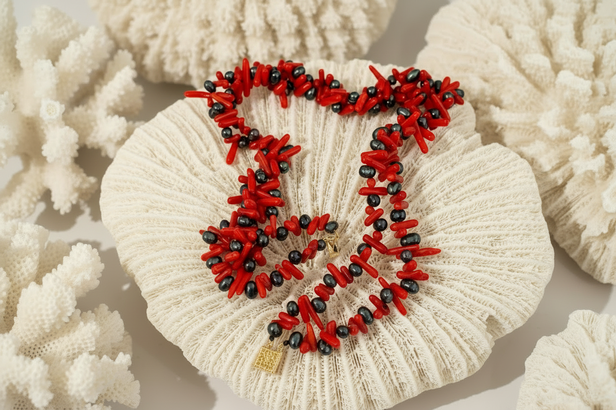 Tahitian Pearl & Red Coral Statement Necklace - Resort Luxury Jewelry