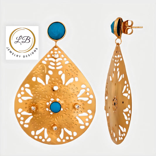 Turquoise & White Cz Gold Statement Dangle Earrings 2.28