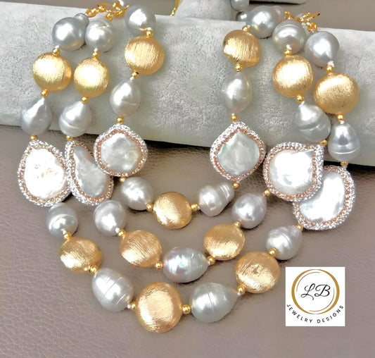 Three Strand 18k Brushed Gold Vermeil and Pearl Statement Necklace 20