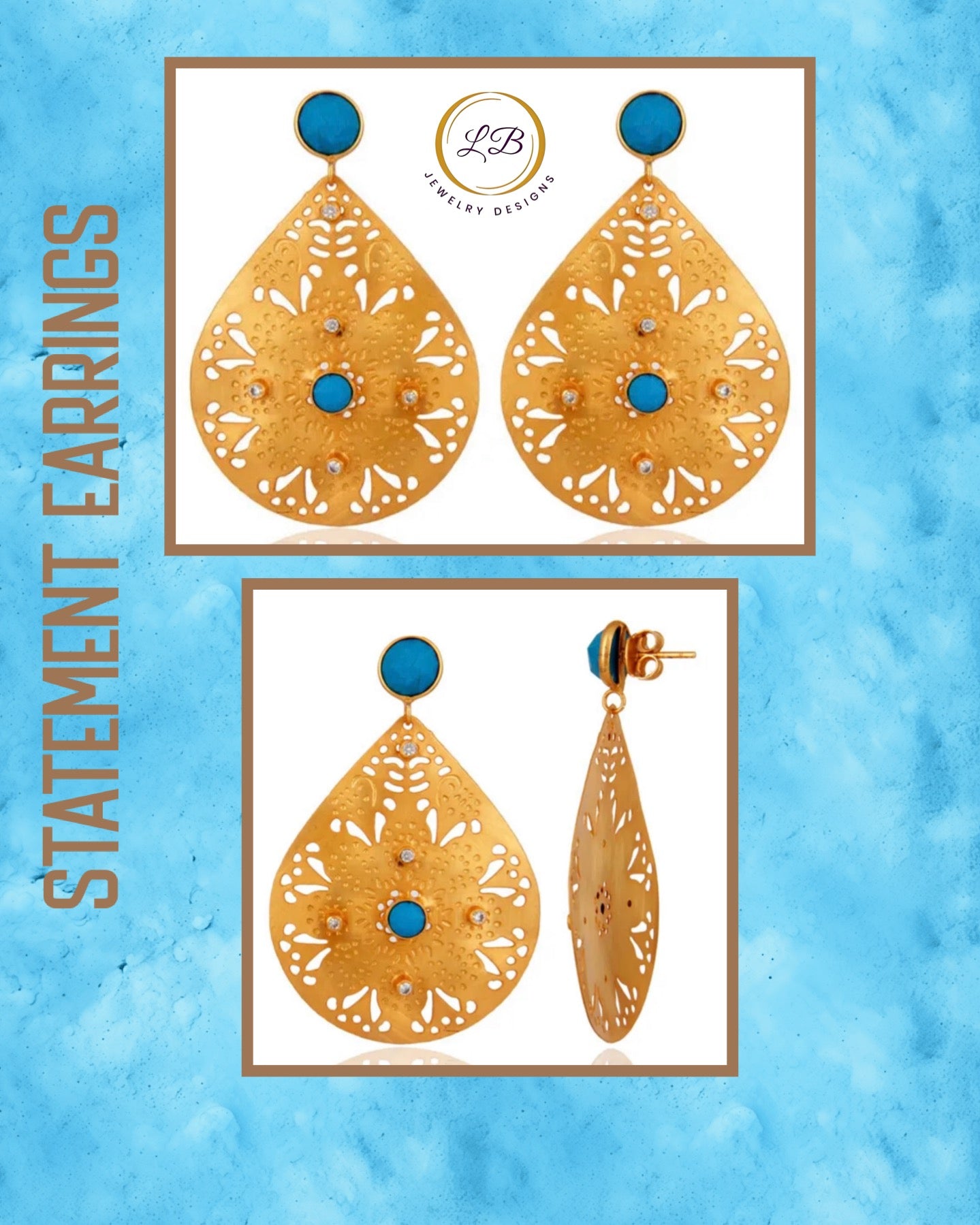 Turquoise & White Cz Gold Statement Dangle Earrings 2.28"