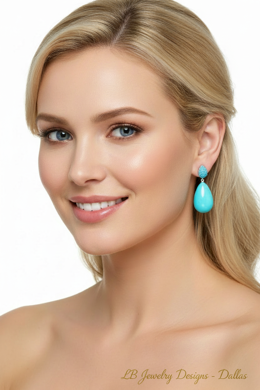 Sleeping Beauty Turquoise Earrings - Pave Crystal Teardrop Statement Earrings 1.4”