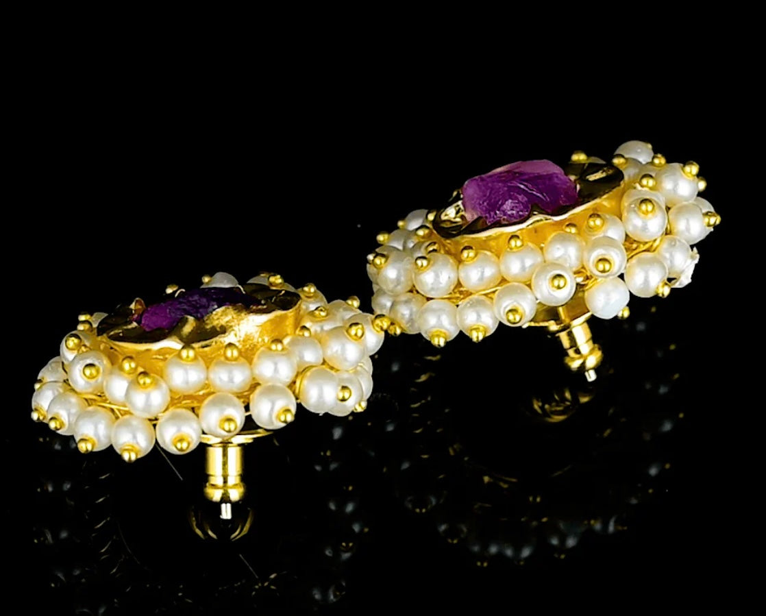 Purple Druzy and Pearl Cluster Gemstone Statement Earrings 1”