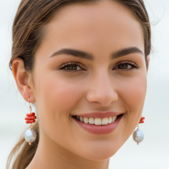 Red Coral Baroque Pearl Necklace and Matching Earrings Set