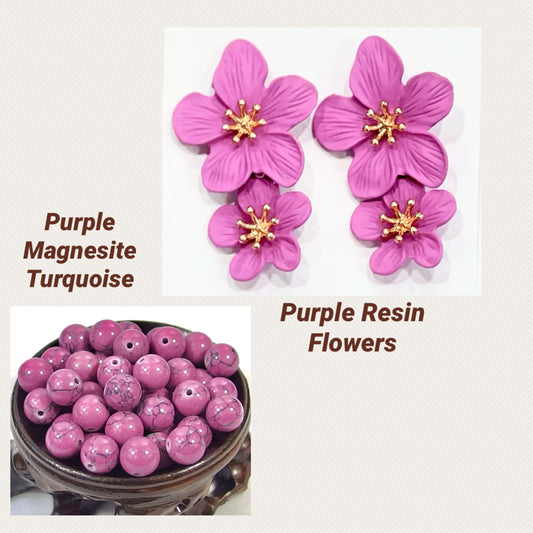 Purple Turquoise, Green Aventurine and Freshwater Pearl Gemstone Statement Necklace, Bracelet, Earrings Set