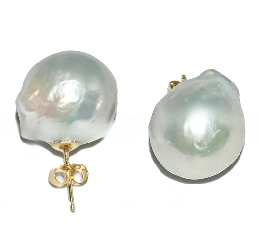 Natural 20mm Baroque Keshi Pearl Gold Statement Stud Earrings