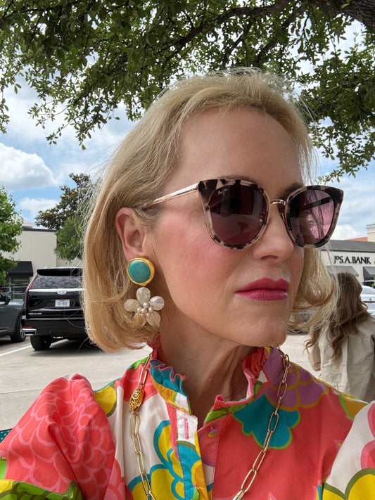 Turquoise and Pearl Gemstone Flower Statement Earrings 2.2”