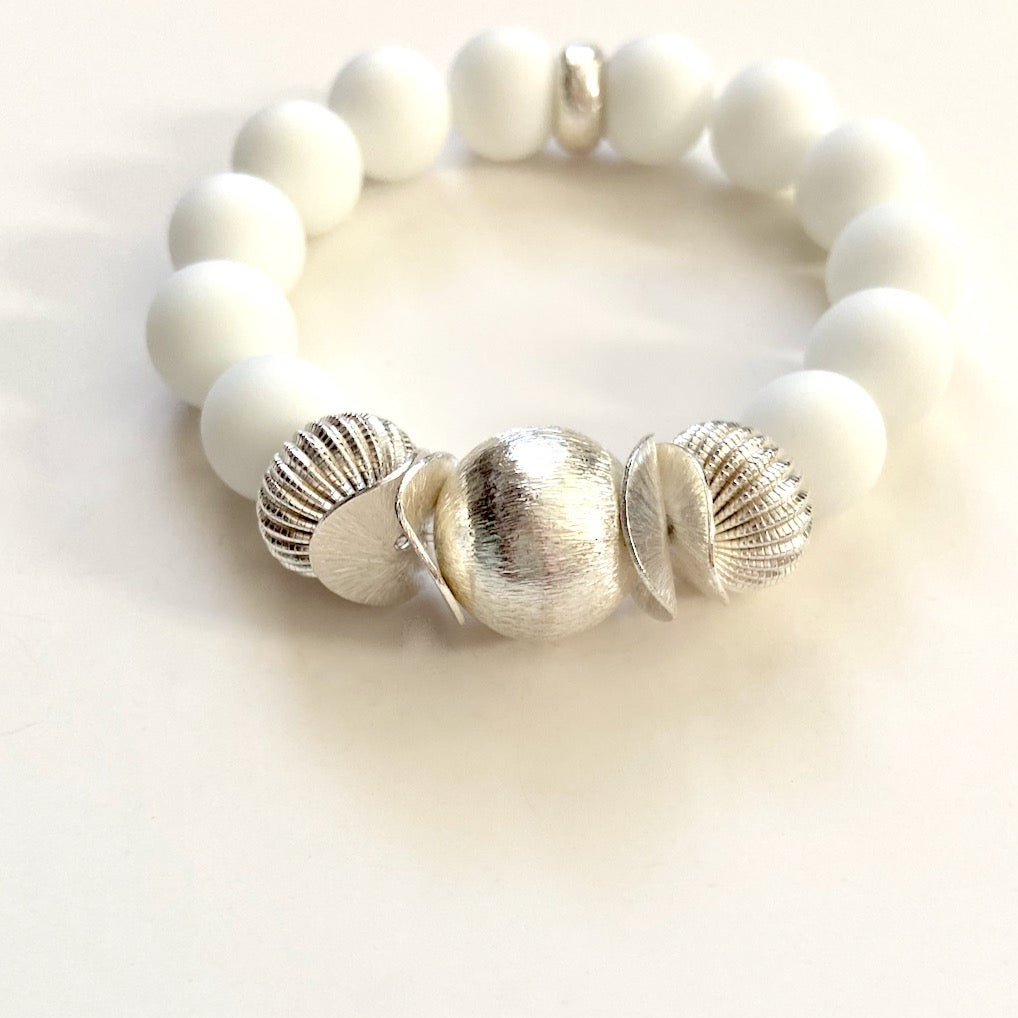 Alabaster Gemstone Brushed Silver Beaded Bracelet