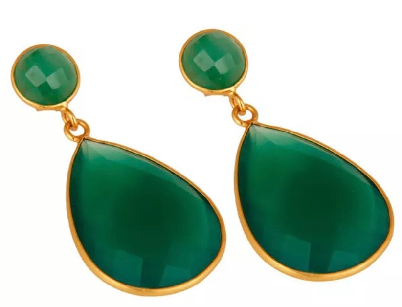 Green Onyx Drop Dangle Gold Plated Teardrop Earrings 2"