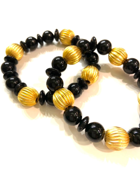 Classic Black Onyx Gemstones & 18k Gold Beaded Bracelets