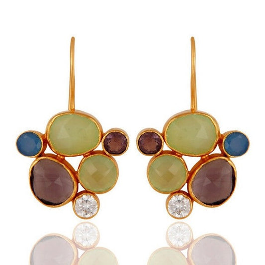 Colorful Blue, Green and Purple Chalcedony Gemstones Dangle Earrings 1.5