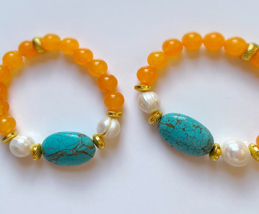 Orange Malaysian Jade and Turquoise Gemstone Bracelet with Baroque Pearls