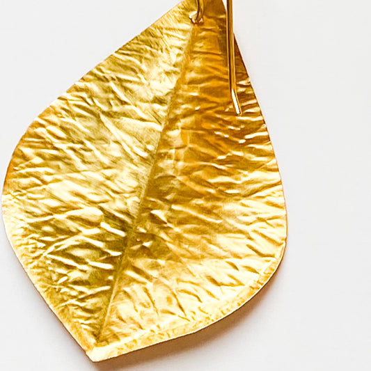 Hammered 22k Yellow Gold Leaf and White Topaz Statement Earrings 2.5”