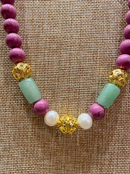 Purple Turquoise, Green Aventurine and Freshwater Pearl Gemstone Statement Necklace, Bracelet, Earrings Set