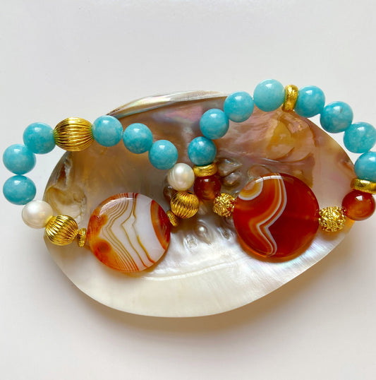 Orange-Striped Onyx, Aquamarine & Pearl Gemstone Beaded Bracelet (Two Designs)