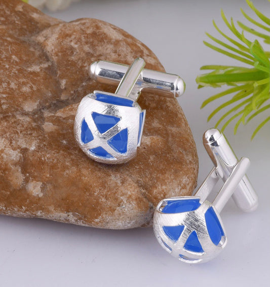 French Blue Chalcedony Gemstone Sterling Silver Cufflinks w/Engraved Logo