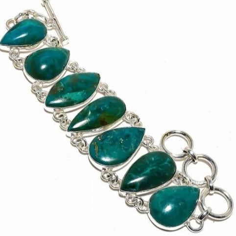 Green Malachite Gemstone Sterling Silver Bracelet with Toggle Clasp
