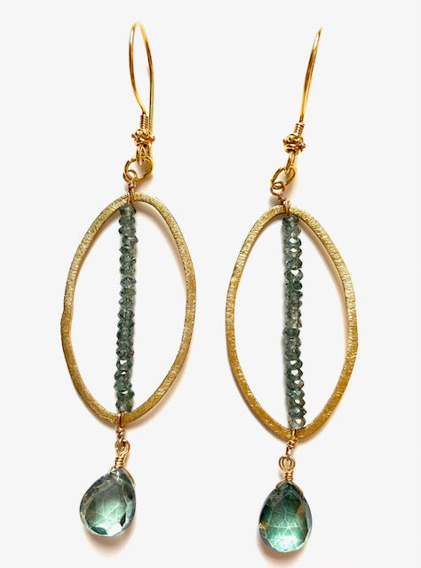 Blue-Green Topaz Gemstone 18k Brushed Gold Vermeil Dangle Earrings 3”