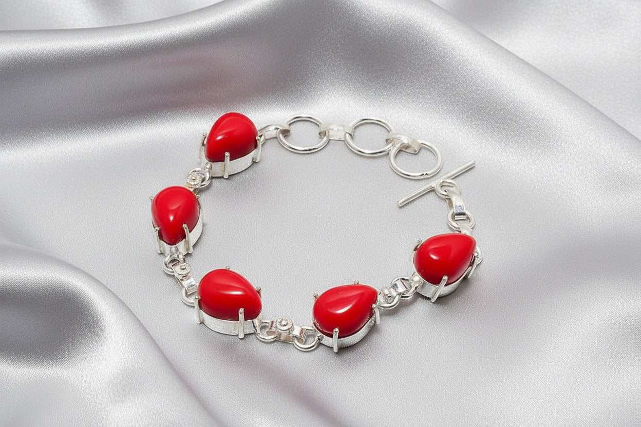 Capri Red Coral Teardrop Bracelet – Sterling Silver Statement Chain Bracelet