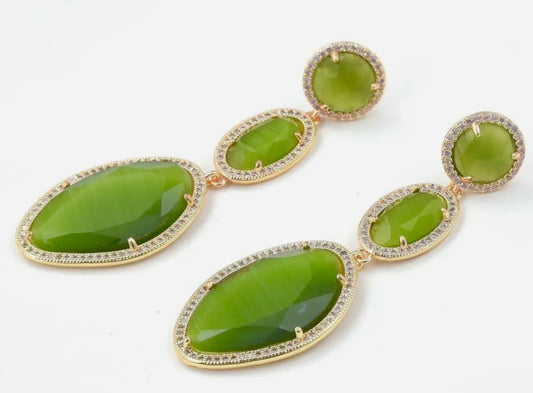 Lovely Green Cat’s Eye Gemstone Statement Earrings 2.7”