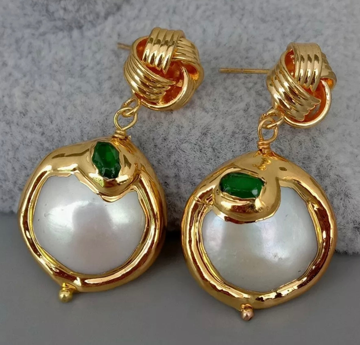 White Coin Pearl Green Jade Dangle Earrings 1.5”