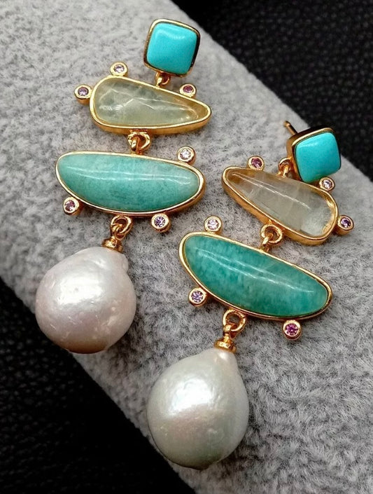 Lovely Turquoise, Prehnite Pearl & Amazonite Gemstone Gold Statement Earrings 1.8”