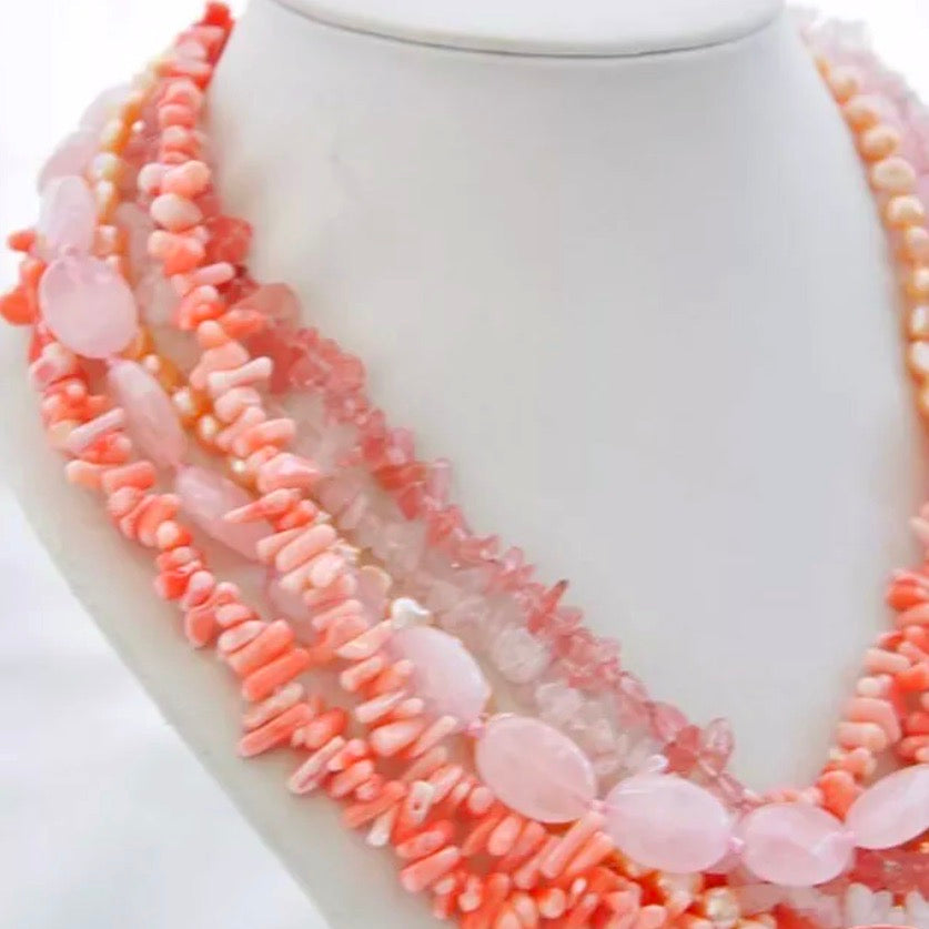 Resort-Style Coral, Pearl & Quartz Six Strand Statement Necklace 18”