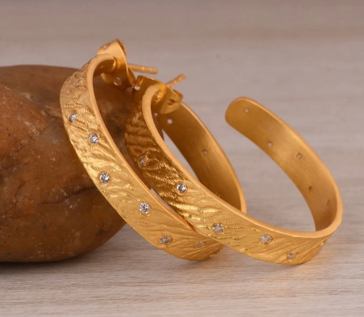 Classic 18k Gold Vermeil Cz Zircon Hoop Earrings 1.5”