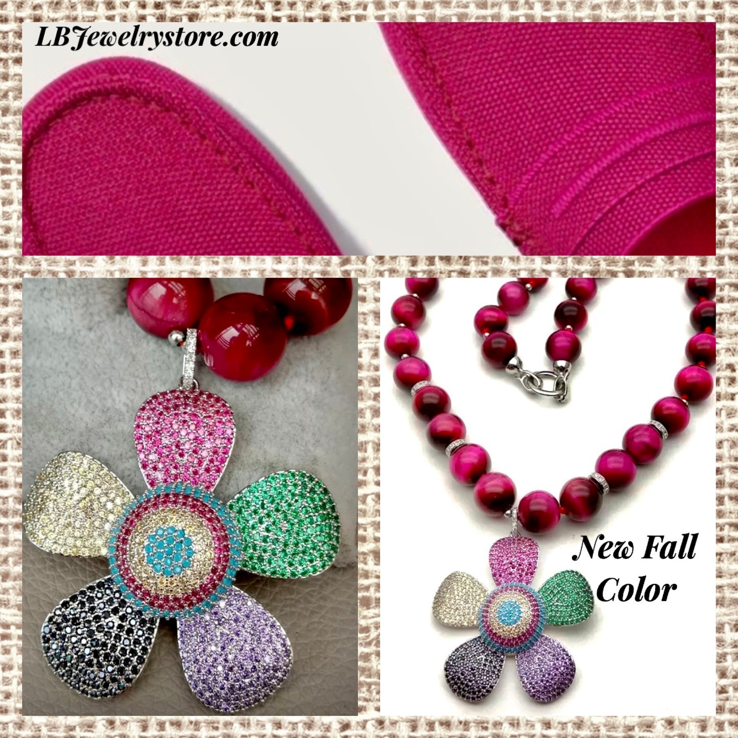 Vivid Fuchsia Tiger’s Eye & Pave Flower Pendant Statement Necklace 24”