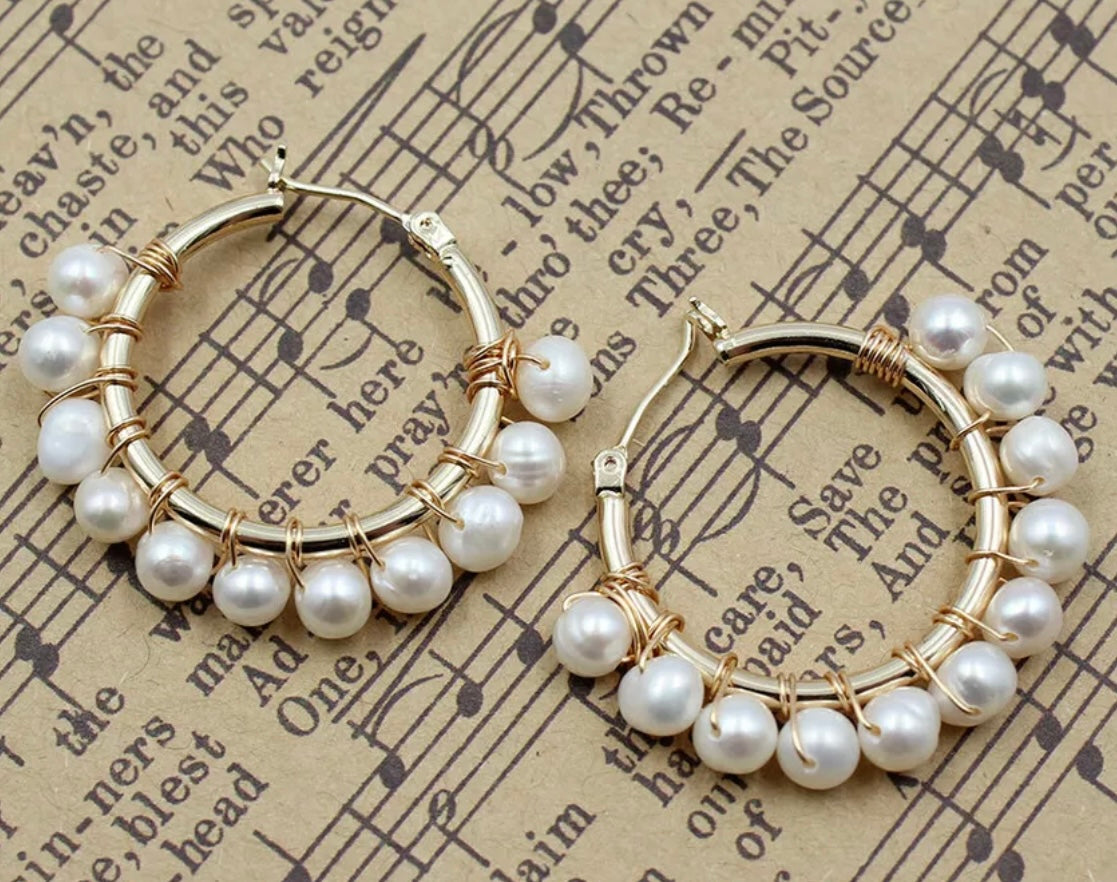 Gold Wire-Wrapped Pearl Hoop Earrings