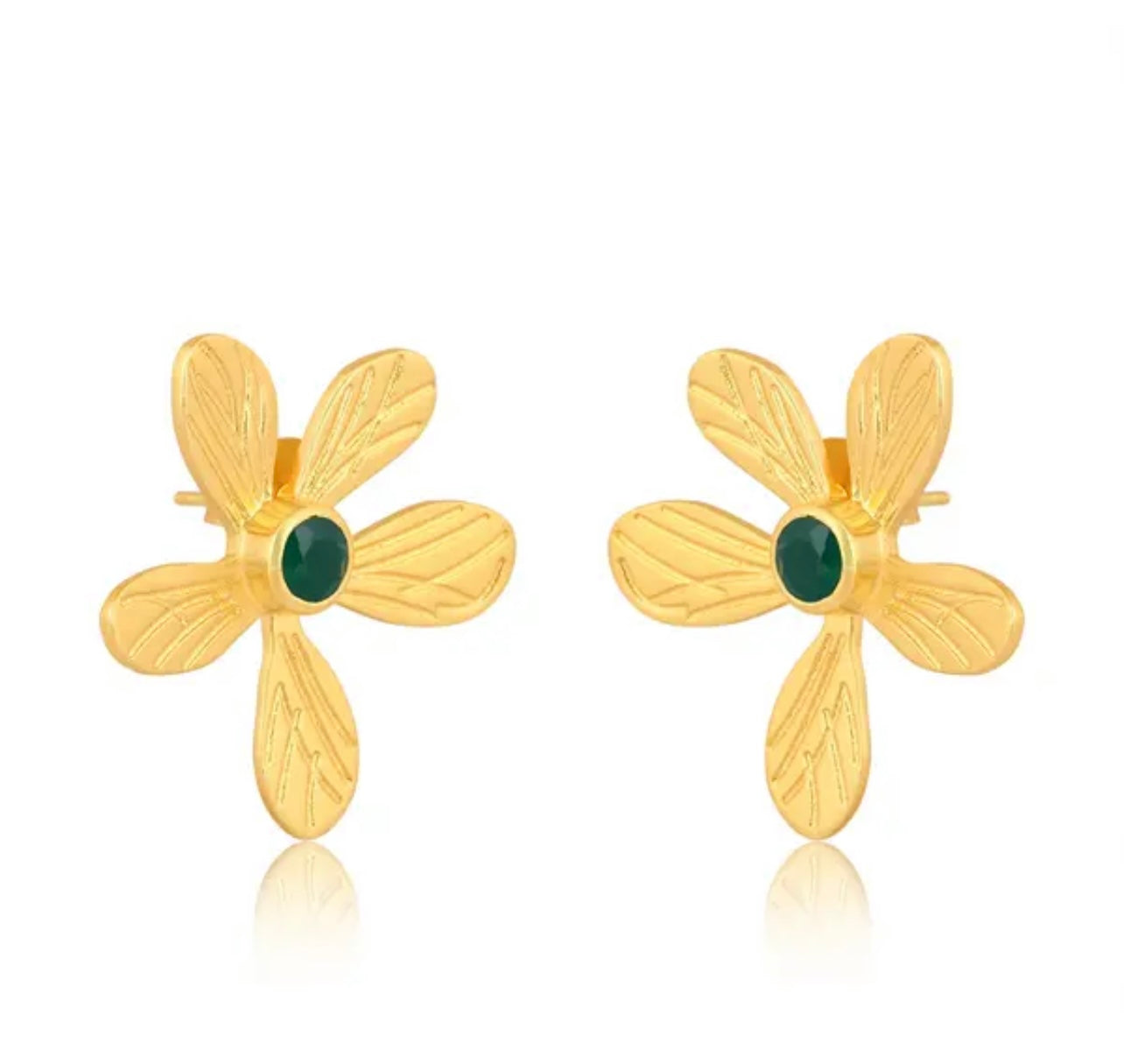 Gold Vermeil Green Onyx Gemstone Flower Statement Studs 1.5”