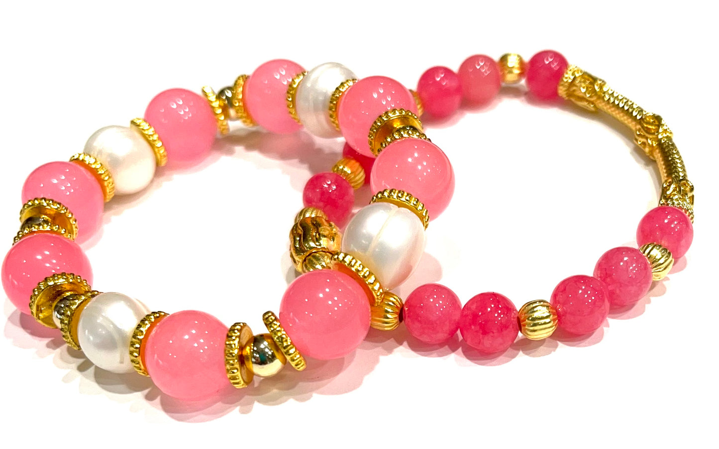 Two-Tone Pink Quartz & Freshwater Pearl Gold Bracelet Set