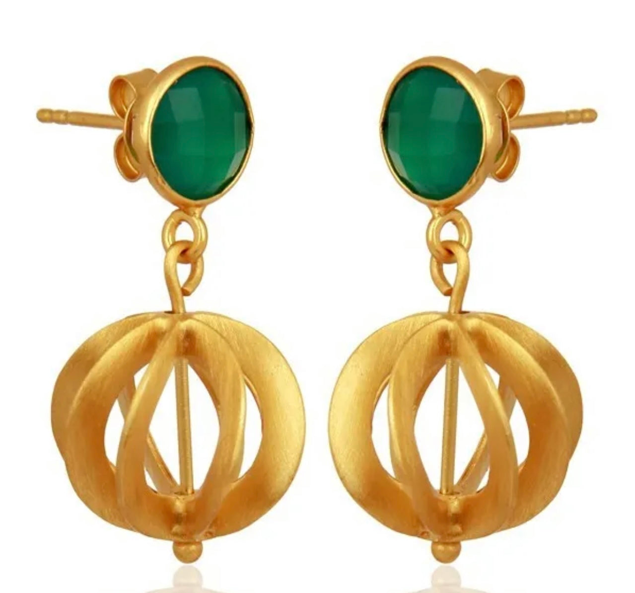 Green Onyx Gold Vermeil Filigree Dangle Earrings 1.18”