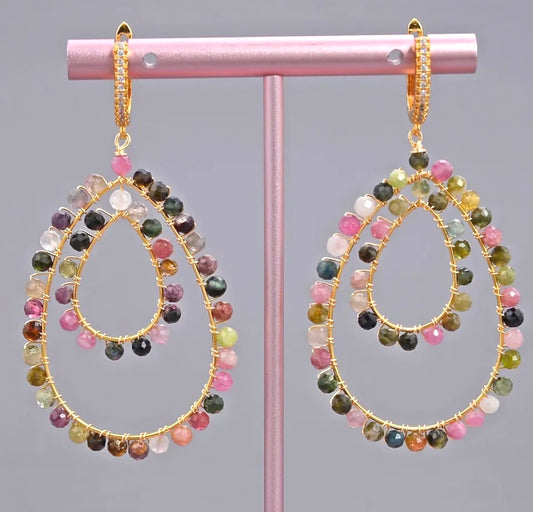 Semi-Precious Tourmaline Gemstones Statement Hoop Dangles 2.5”