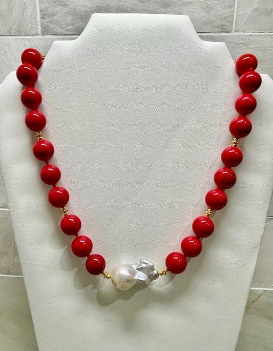 Red Coral & Baroque Pearl Gemstone Statement Necklace 18