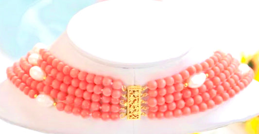 Five-Strand Pink Coral & Baroque Pearl Statement Necklace 18