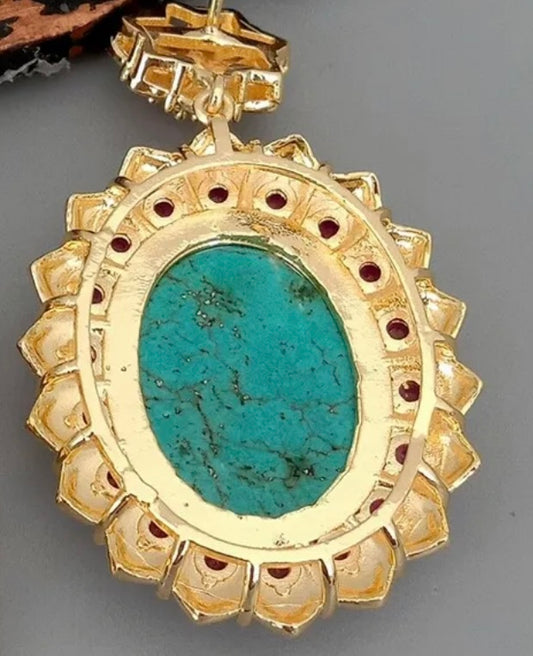 Blue Turquoise Gemstone and Pink Pave Bezel Set Statement Earrings 2