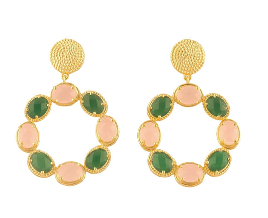 Pink Quartz and Green Onyx Gemstone Gold Twisted Statement Earrings 2