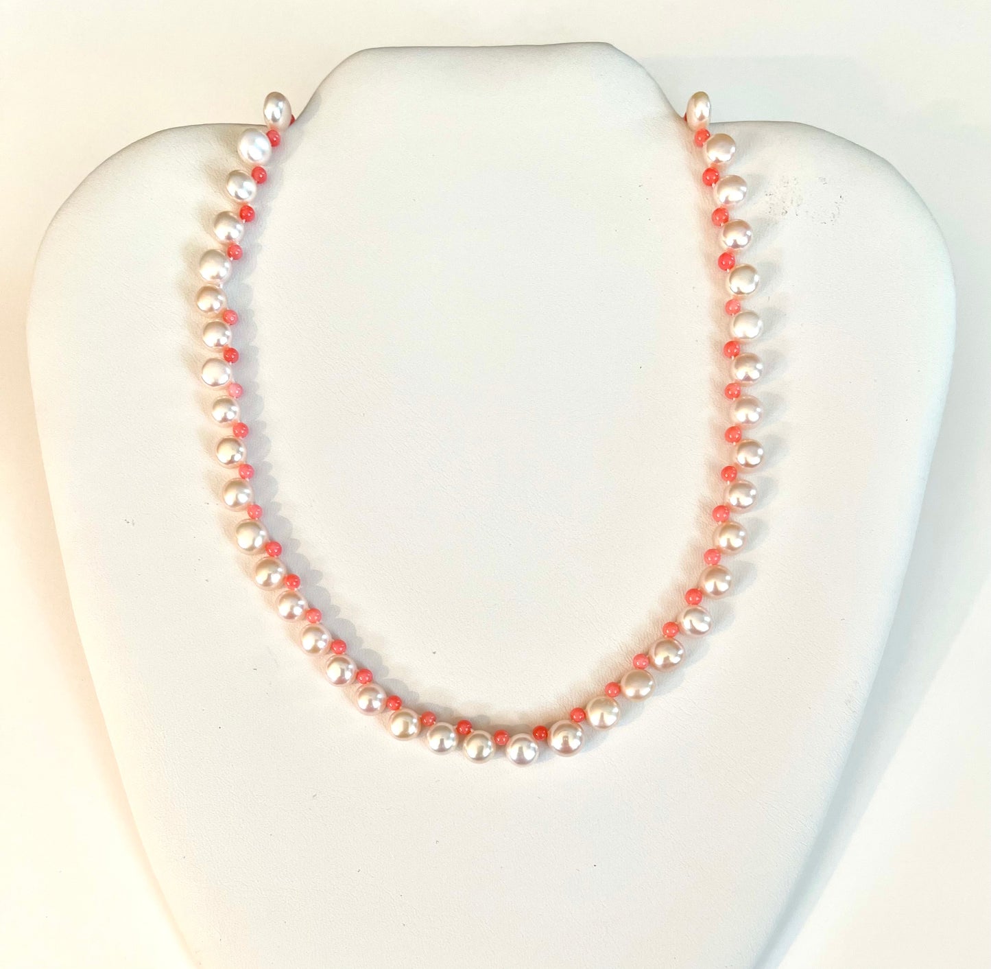 Dainty Pink Coral and White Button Pearl Necklace 17"
