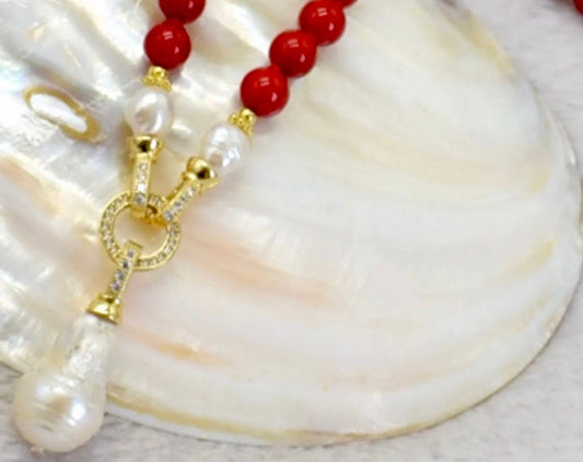 Keshi Pearl and Red Gemstone Double-Knotted Statement Necklace 18