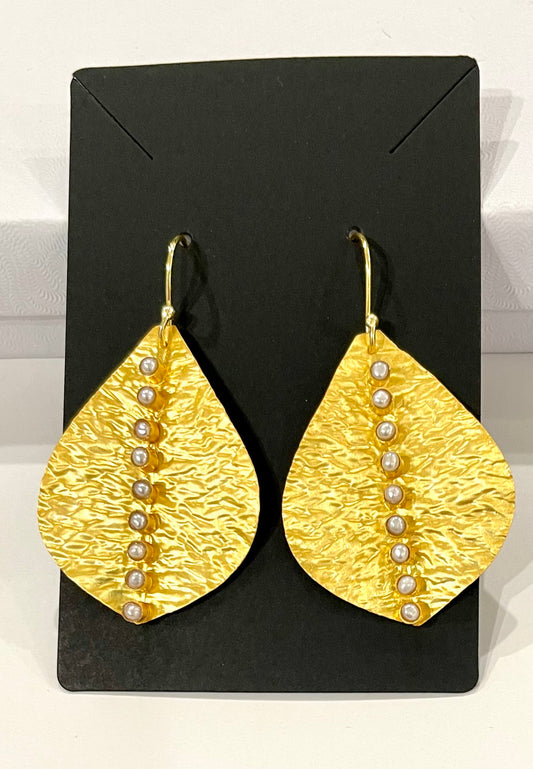 Hammered 22k Gold Leaf Pearl Statement Earrings 2.5”