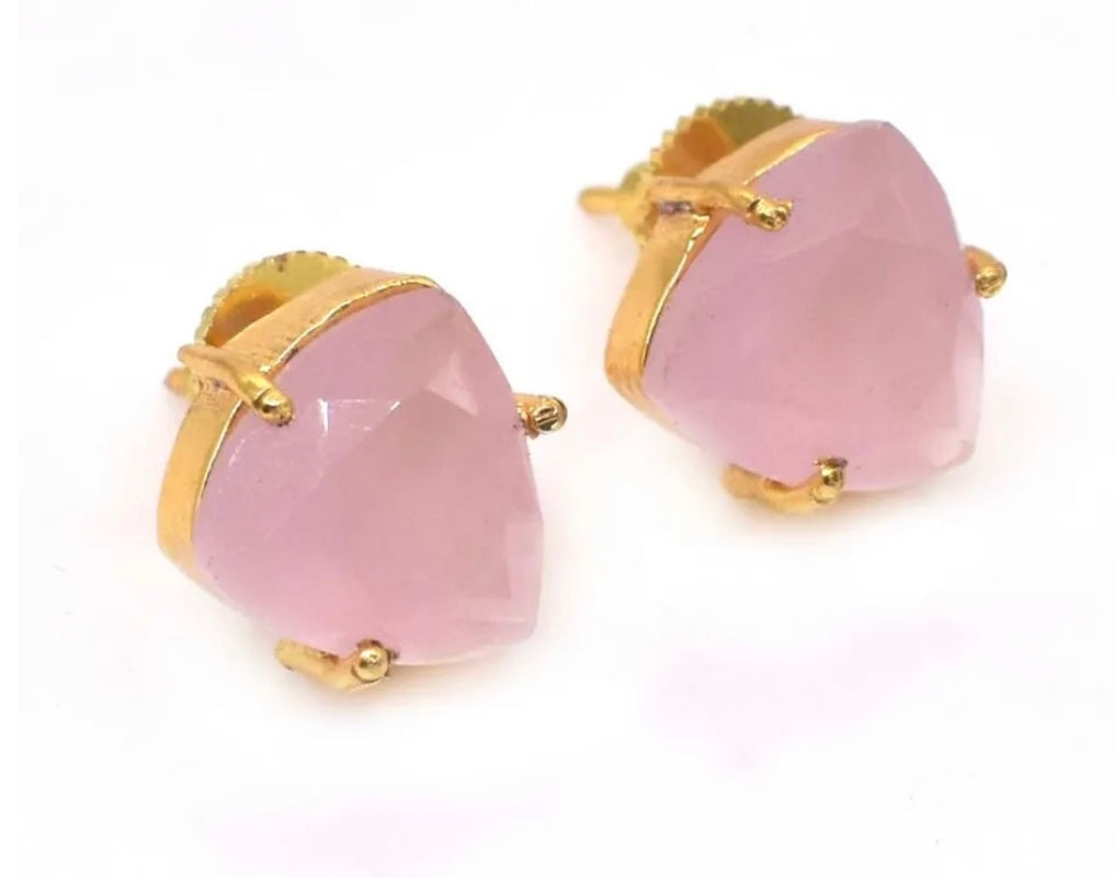 Trillion-Cut Rose Quartz Gemstone Stud Earrings 1"