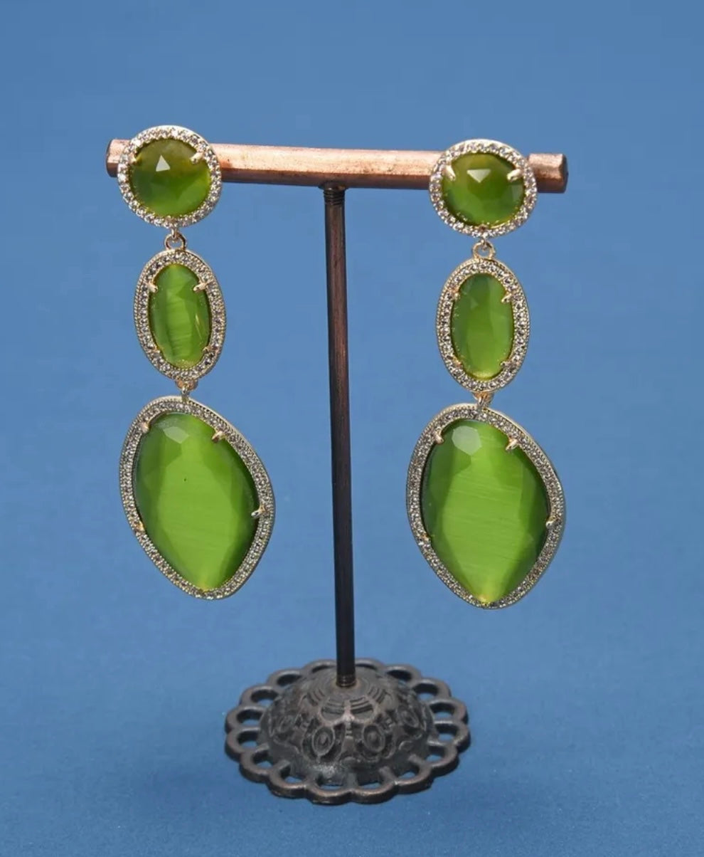 Lovely Green Cat’s Eye Gemstone Statement Earrings 2.7”